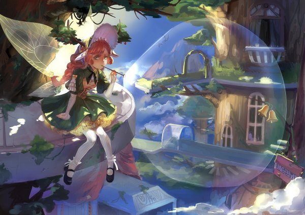 Anime picture 1200x848 with original rifsom single long hair sitting cloud (clouds) horn (horns) orange hair insect wings fairy bubble blowing girl thighhighs dress plant (plants) white thighhighs wings tree (trees) shoes frills