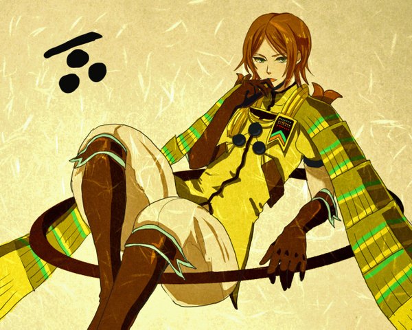 Anime picture 1276x1021 with sengoku basara production i.g motonari mouri single short hair open mouth simple background brown hair sitting green eyes boy gloves weapon armor