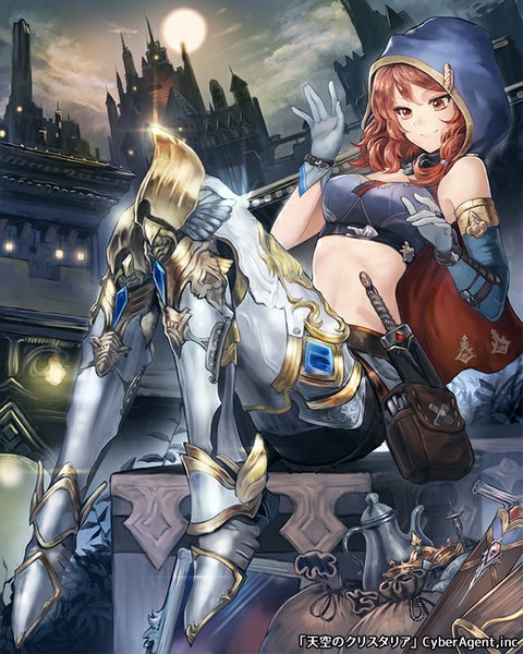 Anime picture 640x800 with tenkuu no crystalia meto31 single tall image fringe short hair smile brown hair sitting bare shoulders brown eyes official art girl gloves weapon elbow gloves belt armor hood building (buildings)