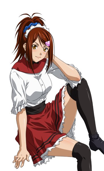 Anime picture 1000x1635 with ikkitousen bachou mouki single long hair tall image looking at viewer brown hair white background sitting brown eyes ahoge ponytail light smile girl thighhighs skirt hair ornament black thighhighs shoes headdress