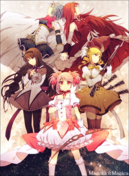 Anime picture 720x984 with mahou shoujo madoka magica shaft (studio) akemi homura kaname madoka sakura kyouko miki sayaka tomoe mami mika (1020mk) long hair tall image looking at viewer fringe short hair breasts black hair blonde hair standing twintails purple eyes multiple girls