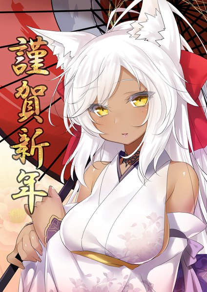Anime picture 848x1200 with original 47agdragon single long hair tall image blush fringe breasts bare shoulders animal ears yellow eyes payot looking away ahoge upper body white hair traditional clothes parted lips wide sleeves fox ears