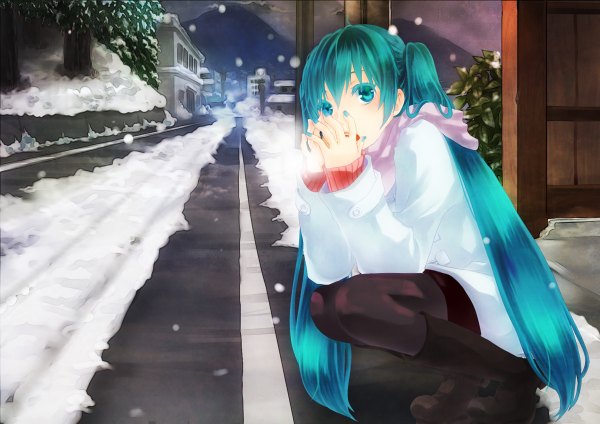 Anime picture 1200x848 with vocaloid hatsune miku single twintails very long hair nail polish aqua eyes aqua hair snowing winter snow squat steam street girl scarf