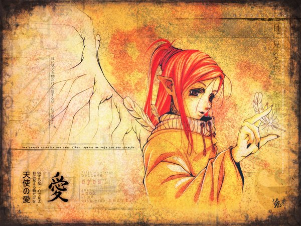 Anime picture 1600x1200 with long hair red hair pink eyes pointy ears blurry inscription hieroglyph girl wings feather (feathers)