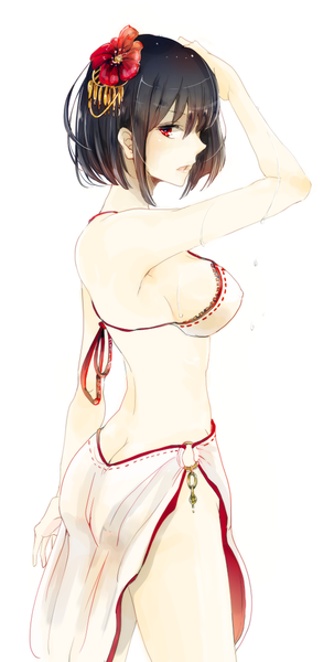Anime picture 550x1089 with kantai collection yamashiro battleship kazuhito (1245ss) single tall image looking at viewer blush fringe short hair breasts open mouth light erotic black hair simple background red eyes large breasts standing white background bare shoulders ass