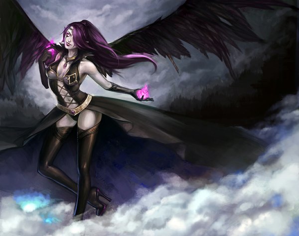 Anime picture 1060x839 with league of legends morgana (league of legends) noa ikeda single long hair looking at viewer fringe light erotic smile purple hair pink eyes lips hair over one eye high heels lipstick magic red lipstick black wings girl gloves