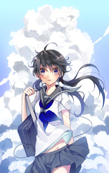 Anime picture 854x1350 with original ri-rihoo single long hair tall image looking at viewer blush fringe black hair standing purple eyes twintails holding sky cloud (clouds) pleated skirt wind short sleeves groin surprised