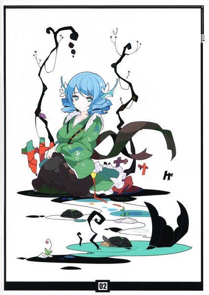 Anime picture 4318x6086 with touhou wakasagihime ideolo single tall image looking at viewer fringe highres blue eyes smile white background blue hair absurdres traditional clothes japanese clothes scan drill hair girl water turtle