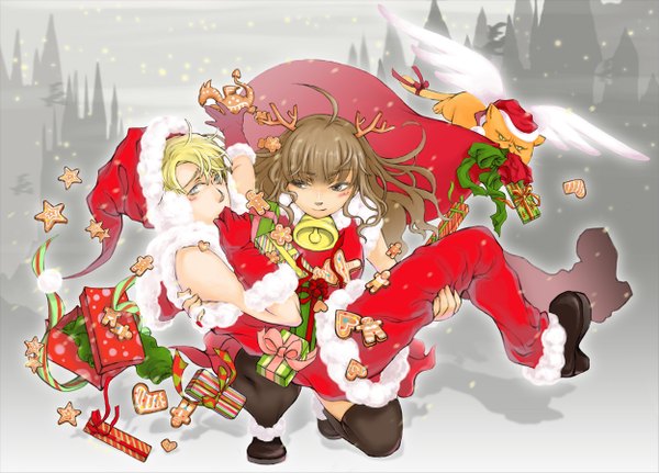 Anime picture 1250x898 with harry potter hermione granger draco malfoy long hair blush short hair blue eyes blonde hair brown hair holding brown eyes green eyes horn (horns) shadow embarrassed snowing christmas winter snow silhouette