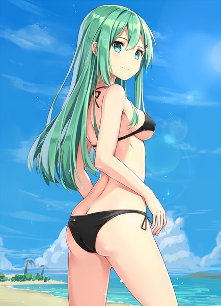 Anime picture 867x1197 with kantai collection suzuya heavy cruiser rin yuu single long hair tall image looking at viewer fringe breasts light erotic hair between eyes standing cloud (clouds) ass outdoors aqua eyes light smile from behind aqua hair beach