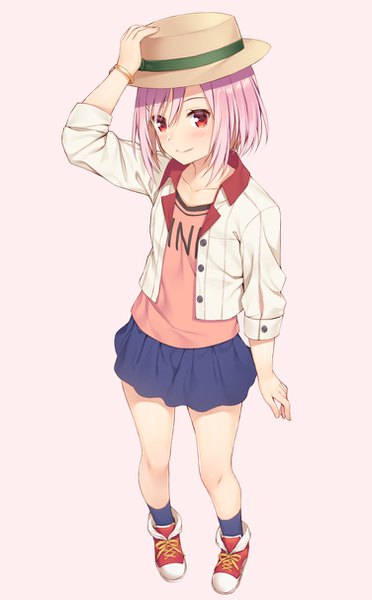 Anime picture 752x1212 with sakura quest koharu yoshino mikazuchi zeus single tall image looking at viewer blush short hair simple background smile pink hair full body pink eyes from above pink background hand on head girl skirt hat bracelet