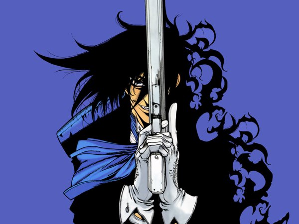 Anime picture 1600x1200 with hellsing alucard (hellsing) long hair black hair blue background boy gun