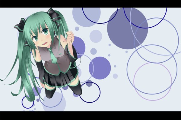 Anime picture 1500x1000 with vocaloid hatsune miku horayama (artist) single long hair twintails aqua eyes aqua hair kneeling girl thighhighs detached sleeves necktie