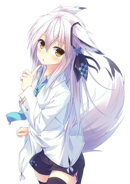 Anime picture 641x906 with original nagishiro mito single long hair tall image looking at viewer blush fringe simple background white background animal ears yellow eyes white hair tail animal tail zettai ryouiki fox ears fox tail girl thighhighs