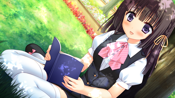 Anime picture 1280x720 with natsu koi high pressure setozaki yuma kizuki erika single blush short hair open mouth black hair smile wide image sitting purple eyes game cg reading against tree girl thighhighs uniform flower (flowers) bow