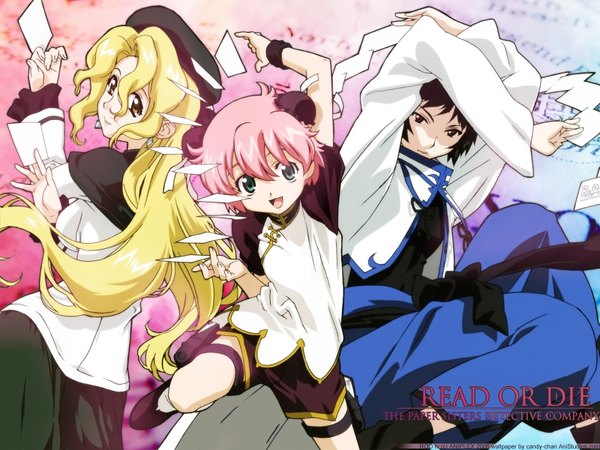 Anime picture 1600x1200 with read or die j.c. staff anita king michelle cheung maggie mui ishihama masashi candy-chan black hair blonde hair red eyes multiple girls green eyes yellow eyes pink hair arms up third-party edit girl 3 girls cap