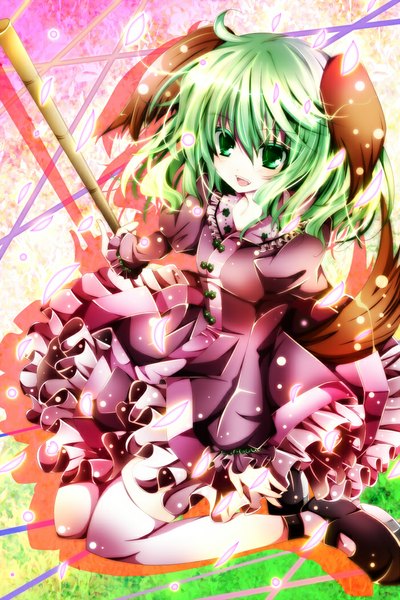 Anime picture 700x1050 with touhou kasodani kyouko nanase nao single tall image looking at viewer short hair open mouth green eyes animal ears tail animal tail green hair girl dress petals frills