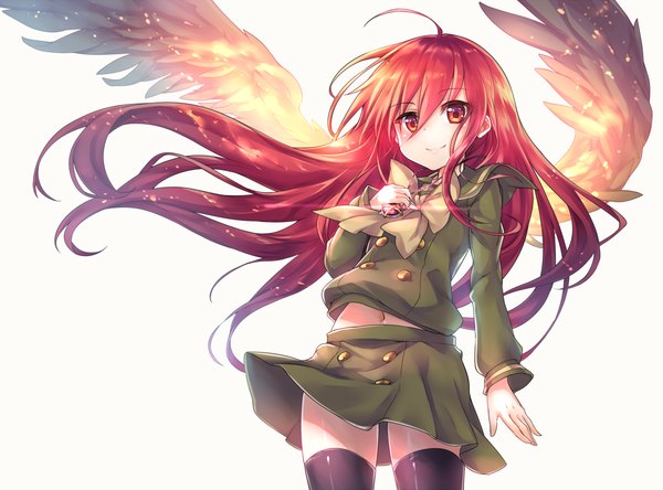 Anime picture 1200x888 with shakugan no shana j.c. staff shana ks single long hair looking at viewer smile red eyes white background red hair girl thighhighs skirt uniform black thighhighs wings serafuku pendant skirt set