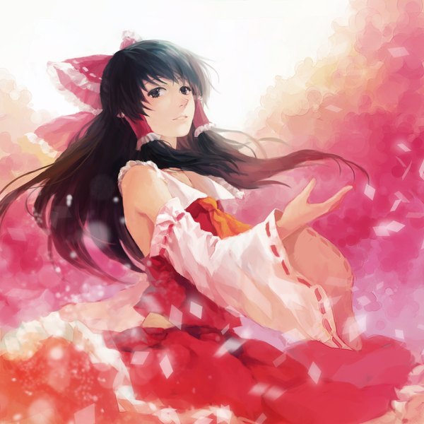 Anime picture 2100x2100 with touhou hakurei reimu weebly (artist) single long hair looking at viewer highres brown hair long sleeves black eyes girl dress bow hair bow detached sleeves confetti
