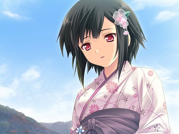 Anime picture 1024x768 with kitto, sumiwataru asairo yori mo (game) short hair black hair red eyes game cg japanese clothes girl kimono