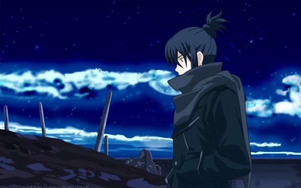 Anime picture 2560x1600 with no.6 studio bones nezumi (no.6) headstro single highres wide image purple hair cloud (clouds) profile night hands in pockets ruins boy jacket scarf