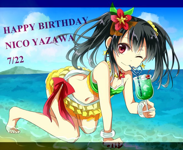 Anime picture 1181x968 with love live! school idol project sunrise (studio) love live! yazawa nico tm-pika single long hair looking at viewer black hair red eyes twintails sky cloud (clouds) one eye closed hair flower wink character names mountain on all fours happy birthday