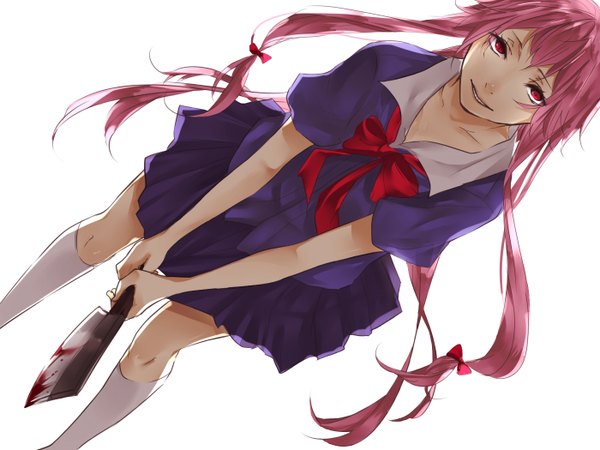 Anime picture 1400x1050 with mirai nikki gasai yuno single long hair looking at viewer simple background smile red eyes white background twintails pink hair girl uniform bow weapon hair bow school uniform socks bowtie blood