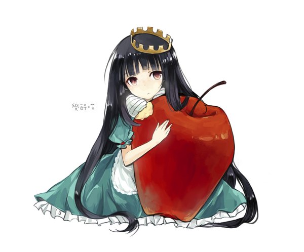 Anime picture 1024x850 with sound horizon schneewittchen juexing (moemoe3345) single long hair black hair simple background red eyes white background girl dress crown apple