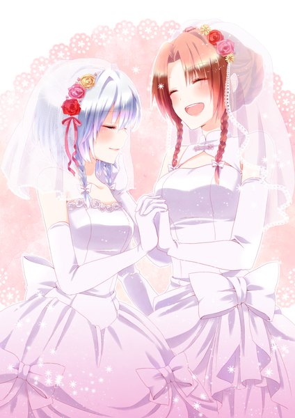 Anime picture 1400x1980 with touhou izayoi sakuya hong meiling chitose (usacan) tall image blush short hair open mouth multiple girls blue hair red hair braid (braids) eyes closed hair flower wedding girl dress gloves hair ornament flower (flowers)