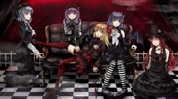 Anime picture 1470x820 with touhou flandre scarlet remilia scarlet izayoi sakuya patchouli knowledge koakuma wide image multiple girls goth-loli girl thighhighs striped thighhighs 5 girls