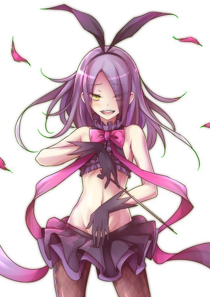 Anime picture 1240x1754 with unlight stacia (unlight) nishino (waero) single long hair tall image looking at viewer fringe highres open mouth simple background white background bare shoulders green eyes purple hair hair over one eye midriff girl skirt gloves