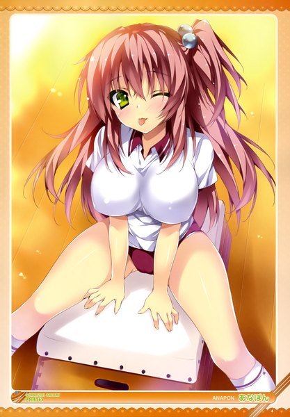 Anime picture 2468x3546 with anapom single long hair tall image blush highres breasts light erotic large breasts green eyes pink hair one eye closed wink scan spread legs one side up :p girl uniform socks