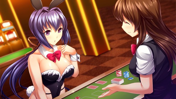 Anime picture 1280x720 with izuna zanshinken (game) long hair breasts light erotic brown hair wide image purple eyes multiple girls blue hair game cg bunny ears casino girl 2 girls bunnysuit slot machine