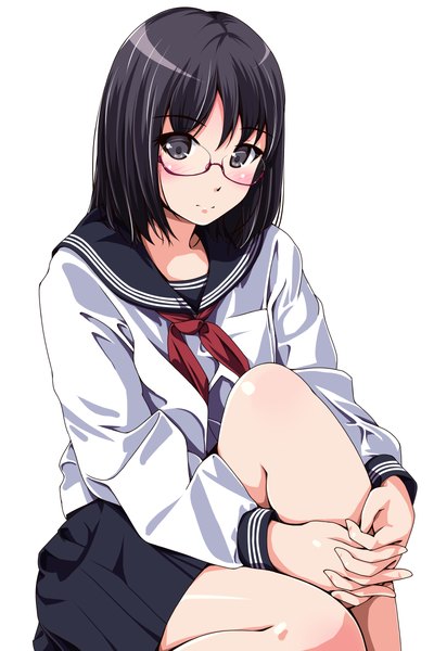 Anime picture 800x1200 with original matsunaga kouyou single tall image looking at viewer blush short hair black hair simple background white background black eyes girl uniform glasses serafuku