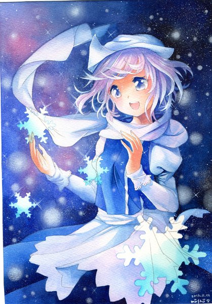 Anime picture 1047x1500 with touhou letty whiterock mosho single tall image blush short hair open mouth purple eyes signed purple hair snowing snow traditional media watercolor (medium) girl dress scarf bonnet snowflake (snowflakes)