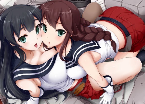 Anime picture 1600x1146 with kantai collection noshiro light cruiser agano light cruiser zyaan long hair blush breasts light erotic black hair brown hair large breasts sitting cleavage braid (braids) from above twin braids looking up on all fours breast press thighhighs