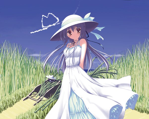 Anime picture 1280x1024 with nanao naru single long hair looking at viewer fringe smile hair between eyes bare shoulders brown eyes sky silver hair upper body head tilt wind girl dress ribbon (ribbons) plant (plants) hat grass