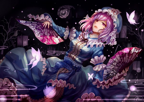 Anime picture 1500x1060 with touhou saigyouji yuyuko kiyomasa ren single long hair signed looking away pink hair traditional clothes japanese clothes pink eyes girl plant (plants) tree (trees) frills kimono insect butterfly bonnet fan