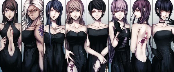 Anime picture 1310x546 with dangan ronpa kirigiri kyouko enoshima junko celestia ludenberg maizono sayaka fukawa touko asahina aoi ikusaba mukuro oogami sakura z-epto (chat-noir86) long hair looking at viewer short hair breasts light erotic black hair smile red eyes brown hair wide image