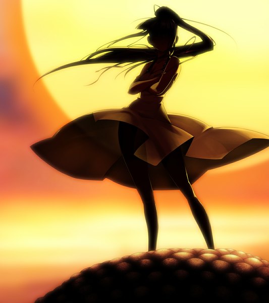 Anime picture 1024x1152 with full metal daemon muramasa nitroplus minato hikaru long hair tall image bare shoulders ponytail crossed arms silhouette girl dress gloves