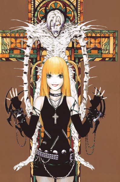 Anime picture 3312x5000 with death note madhouse amane misa rem (death note) obata takeshi single long hair tall image looking at viewer highres open mouth blue eyes blonde hair smile absurdres white hair two side up gothic girl fingerless gloves