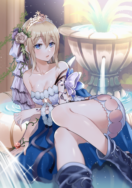 Anime picture 800x1135 with granblue fantasy europa (granblue fantasy) myusha single long hair tall image looking at viewer blush fringe breasts open mouth blue eyes light erotic blonde hair hair between eyes bare shoulders cleavage bent knee (knees) indoors lying