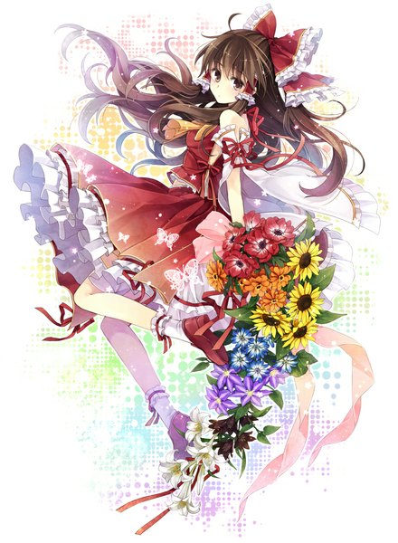 Anime picture 733x1000 with touhou hakurei reimu hagiwara rin single long hair tall image looking at viewer brown hair brown eyes ahoge jumping girl skirt flower (flowers) bow ribbon (ribbons) hair bow detached sleeves socks insect