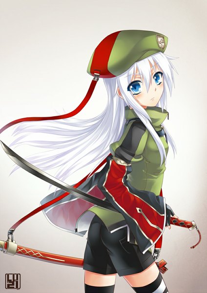 Anime picture 780x1103 with original vianada ashe (original) luzi (coffee-straw-luzi) single long hair tall image blush blue eyes white hair looking back gradient background girl thighhighs gloves weapon sword black gloves shorts fingerless gloves katana