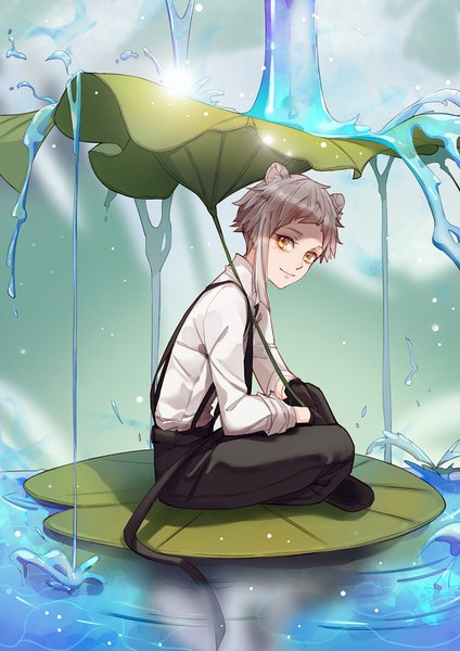 Anime picture 1024x1448 with bungou stray dogs studio bones nakajima atsushi kitsune (pixiv5601263) single tall image looking at viewer short hair sitting animal ears yellow eyes silver hair full body light smile kemonomimi mode indian style miniboy boy gloves flower (flowers)