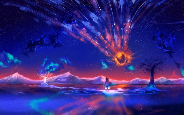 Anime picture 2400x1500 with original uchuubranko long hair highres wide image sky night sky back reflection mountain explosion water star (stars) arabian clothes meteorite