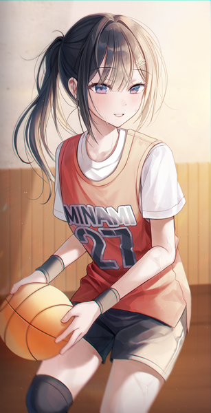 Anime picture 2557x5000 with original myowa single long hair tall image looking at viewer blush fringe highres black hair standing purple eyes holding payot ponytail indoors blunt bangs parted lips sweat basketball