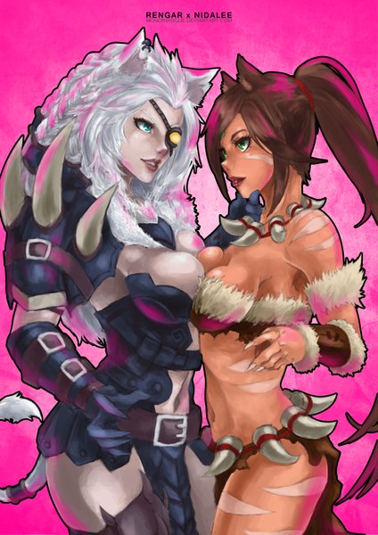 Anime picture 2480x3508 with league of legends nidalee (league of legends) rengar (league of legends) monori rogue long hair tall image highres breasts blue eyes light erotic simple background brown hair large breasts multiple girls green eyes animal ears silver hair ponytail tail animal tail