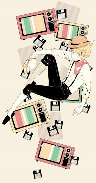Anime picture 657x1250 with vocaloid kagamine len naguri single tall image looking at viewer short hair blonde hair sitting yellow eyes boy hat socks scarf book (books) white socks suspenders television