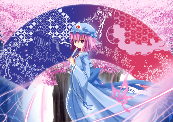 Anime picture 2000x1414 with touhou saigyouji yuyuko s.f (novice1221) single highres short hair pink hair pink eyes cherry blossoms girl dress flower (flowers) hat insect butterfly